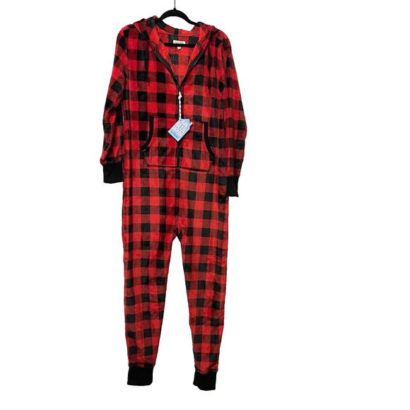 Other - Little Blue House Pajamas Mens Womens Small Black Red Plaid One Piece Hooded Zip